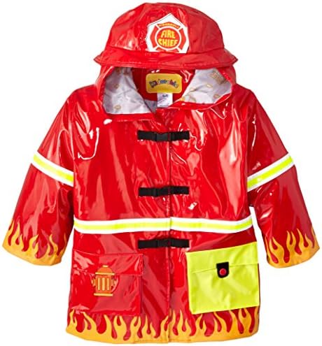 Kidorable Red Fireman All-Weather Raincoat for Boys w/Fun Flames, Chief Badge, Reflective Strips