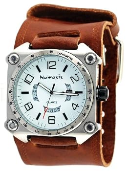 Nemesis #BIN071W Men's Stainless Steel Wide Cuff Band Anlalog White Dial Watch