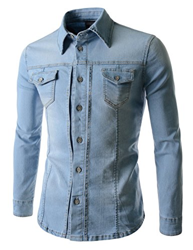 TheLees Slim Chest Two Pocket Vintage Washing Denim Long Sleeve Stretchy Shirts