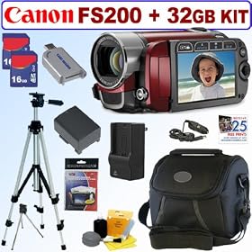 Canon FS200 Flash Memory Camcorder (Sunrise Red) + 32GB Deluxe Accessory Kit