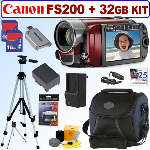Canon FS200 Flash Memory Camcorder (Sunrise Red) + 32GB Deluxe Accessory Kit