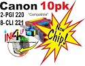 10pk "Perfect-CLR" NON-OEM CLI-221 PGI-220 compatible Ink Cartridge With CHIP! (2) PGI 220 black, (2) CLI 221 yellow, (2) CLI 221 cyan, (2) CLI 221 magenta, (2) CLI 221 black. Fits Canon All-in-One Machines PIXMA MP620 PIXMA MP980 PIXMA MX860 **(PIXUS MP610)** Canon Photo Printers PIXMA iP3600 PIXMA iP4600.