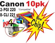 10pk "Perfect-CLR" NON-OEM CLI-221 PGI-220 compatible Ink Cartridge With CHIP! (2) PGI 220 black, (2) CLI 221 yellow, (2) CLI 221 cyan, (2) CLI 221 magenta, (2) CLI 221 black. Fits Canon All-in-One Machines PIXMA MP620 PIXMA MP980 PIXMA MX860 **(PIXUS MP610)** Canon Photo Printers PIXMA iP3600 PIXMA iP4600.