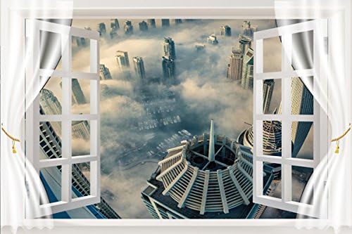 spectacular view of dubai skyline in fog - Art Print 3D Window View Art Home Decor Wall Sticker 36"x24"