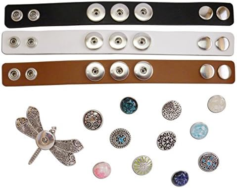 3 Leather Bracelets and 11 Button Snap Chunk Charms: Rhinestones, Glitter and Antique Silver Great Value Pack/Set (Noosa Style)