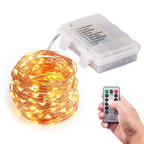 [8 Modes 100LEDs] Milocos Battery String Lights, Flexible Silver Wire Battery Operated, Waterproof Design with Wireless Remote Control, Waterproof, 33 Feet, Warm White (Battery NOT INCLUDED)
