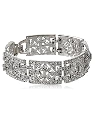 Kenneth Jay Lane Silver and Crystal Wide Deco Link Bracelet, 7.5"
