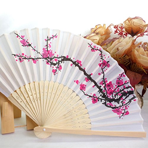 Mikey Store 1PC Folding Fan Delicate Japanese Plum Blossom Design Silk Costume Party (White 1)