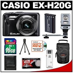 Casio Exilim EX-H20G 14.1 MP Digital Camera with Hybrid GPS (Black) with 16GB Card + Battery + Case + Flash + Accessory Kit