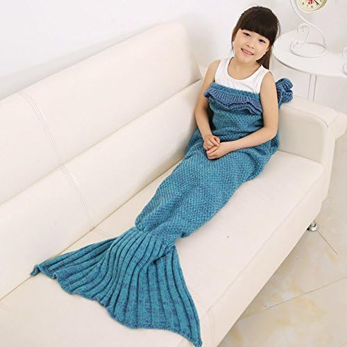 JFQ Handmade Mermaid Tail Blanket,All Seasons Knitted Blanket,Warm Sofa Quilt Living room blanket for girls and teens 53X25.5 (Lake Blue)