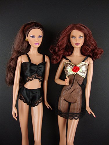 Underwear Bra and Panty Set in Black and Gold with Nightie Made to Fit the Barbie Doll