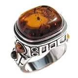 Mens Ring Baltic Honey Amber and Sterling Silver Mayan Design Ring Size 5,6,7,8,9,10,11,12