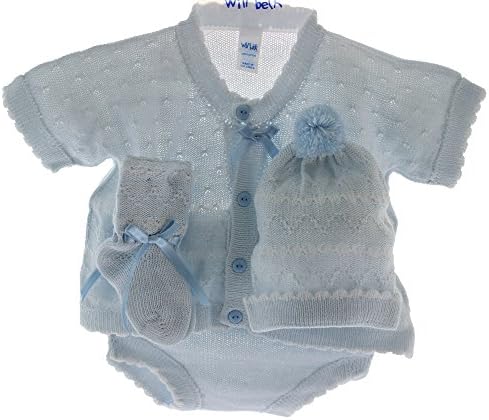Boys Blue Knit Layette Set with Hat and Booties