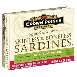 Crown Prince Natural Skinless & Boneless Sardines in Pure Olive Oil, 3.75-Ounce Cans (Pack of 12)