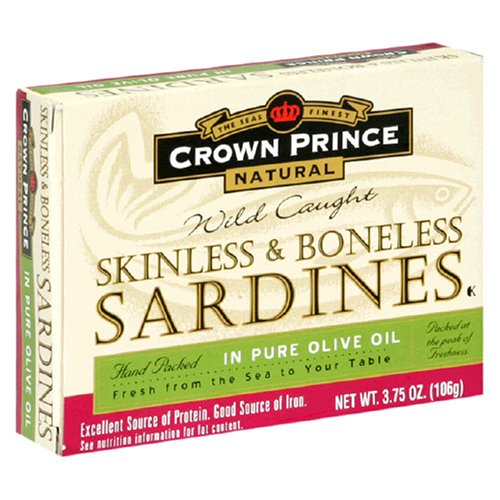 Crown Prince Natural Skinless & Boneless Sardines in Pure Olive Oil, 3.75-Ounce Cans (Pack of 12)