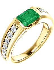 14K Yellow Gold 7.00x5.00mm Emerald Cut Chatham Created Emerald and Diamond Ring -- LIFETIME WARRANTY