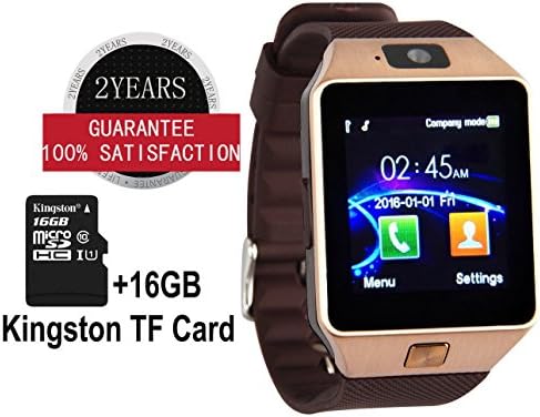 Bluetooth Smart Watch DZ09 with 16GB TF Card and SIM Card Slot Wrist Watch for Android Samsung S5 S6 Note 4 Note 5 HTC Sony LG and iPhone 5 5S 6 6 Plus Smartphone (Brown Band Gold Dial)