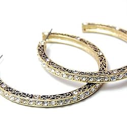 Goldtone Clear Crystal Floret Design 2" Hoop Earrings Fashion Jewelry