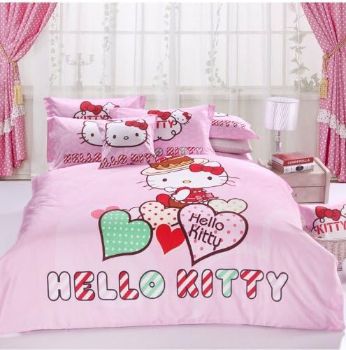 FADFAY Home Textile,Hello Kitty Queen Size Bedding Set,Cute Cartoon Bedding Set Queen Hello Kitty Gifts,4Pcs