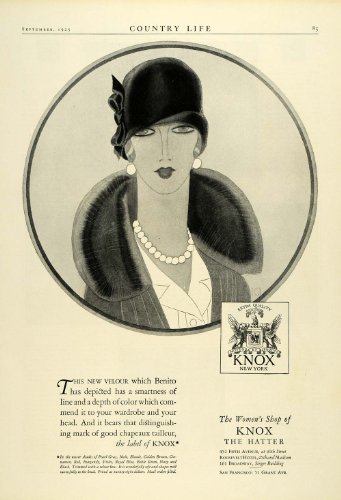 1925 Ad Knox Womens Velour Flapper Hat Fashion Art Deco Hatter Millinery - Original Print Ad
