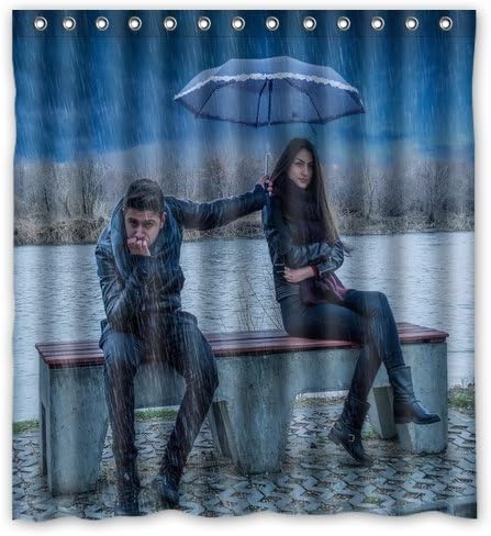 Free Of PVC, Mildew, Toxic and Odor,with humor men rain umbrella women design Shower curtain Measures 66" X 72"