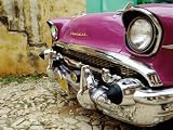 1957 Chevy Bel-Air Car Front Grill and Bumper in Cobbled Street, Trinidad, Cuba Stretched Canvas Poster Print