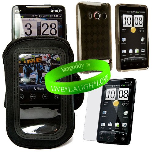 HTC Evo 4g workout arm strap Double Stitched, Tension Support & Sweat Resistant materials armband for HTC Evo 4g Touch screen Smartphone Neoprene Exercise Armband + TPU Grey Smoke Argyle HTC EVO 4G Silicone Skin + Glare Resistant Optical Grade Custom Cut Screen Protector+ Live * Laugh * Love Vangoddy Wrist Band!!!