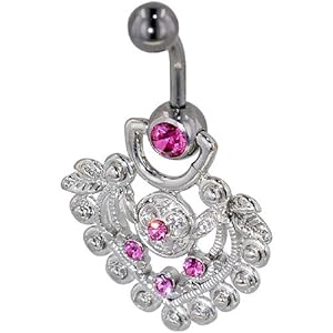 Pugster 316l Surgical Steel Pink Crystal Filigree Vintage Antique Heart Dangle Gem Belly Button Ring Navel Piercing Bar Body Jewelry