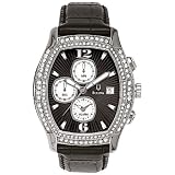 Bulova Crystal Steel Chronograph Black Leather Mens Watch 96B001