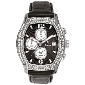 Bulova Crystal Steel Chronograph Black Leather Mens Watch 96B001