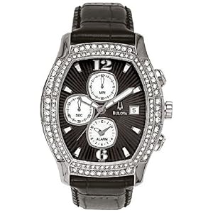 Bulova Crystal Steel Chronograph Black Leather Mens Watch 96B001