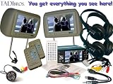 9 Headrests (2 Beige units) With 4.3 1 DIN Car DVD Player and 2 Black Wireless Headphones