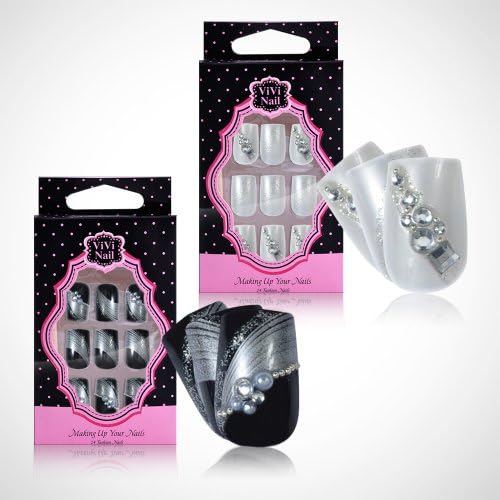Vivi Nails Decorate Jewel Nail Tips - The Black &amp; White Elegant Duo - 2 Sets of 24 Nail Tips Each, Count of 48 Nail Tips