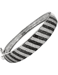 Silver Rhodium Plated Polish 7.25" 5.25-11.6mm Clear And Black Micropave Cubic Zirconia Graduated Zebra Stripe Top Flat Round Bangle With Side Clasp