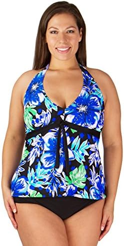 Plus Size Swimsuit Tankni - Two-Piece with Pant - Blue Floral