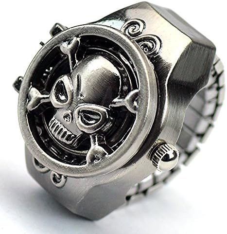 Deedo Steampunk One Piece Skull Bronze Tone Quartz Finger Ring Watch with Gift Box (Black)
