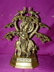 Lord Krishna Brass Figurine Hindu Religious Fluting Krishna Statue