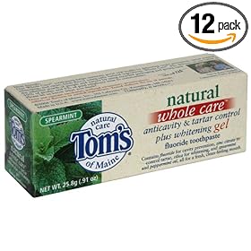 Tom's of Maine Natural Whole Care Anticavity & Tartar Control Plus Whitening Gel Fluoride Toothpaste, Spearmint, 0.91-Ounce Tubes (Pack of 12)