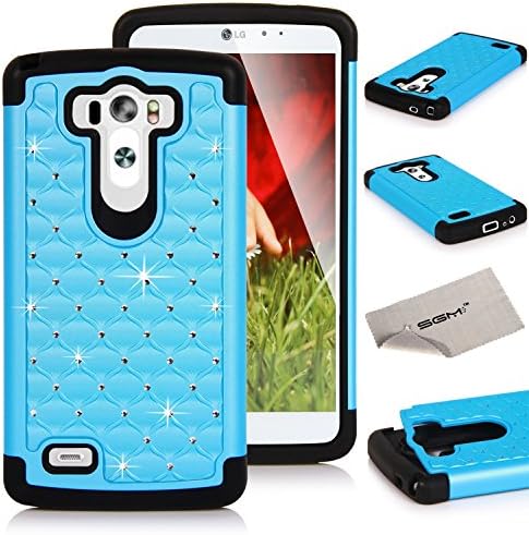 LG G3 Case, SGM (TM) Hybrid Gel Rhinestone Bling Armor Case For LG G3 (2014) With SGM Microfiber Cleaning Cloth (Light Blue)