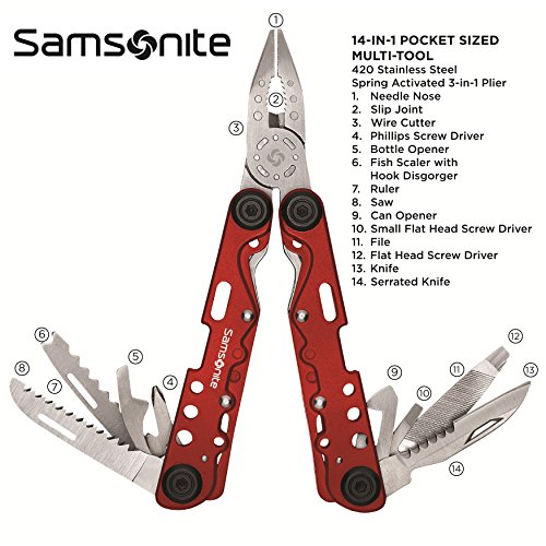 Samsonite deluxe 14-in-1 stainless steel multi tool (red)