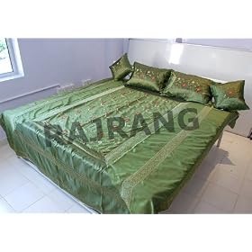 New Indian Patchwork Embroidery Silk Sari King Size Bedspread Bed Sheet Bedding Bed Cover Duvet Tapestry with 2 Pillow covers and 2 cushion covers
