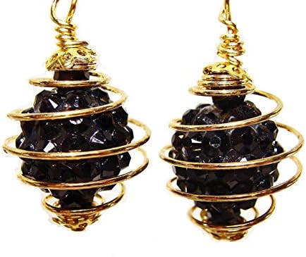Black Acrylic Sparkle Bead Earrings Encased in a Gold Plated Wire Cage:
