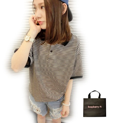 (ラズベリーパイ)RaspberryPi レディース ポロシャツ ボーダー 半袖 襟付き Ｔシャツ オリジナルエコバッグセット  ps334