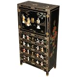 Handmade 50" Chinese Black Lacquer Storage Cabinet Mother of Pearl & Jade - Imperial Family Design