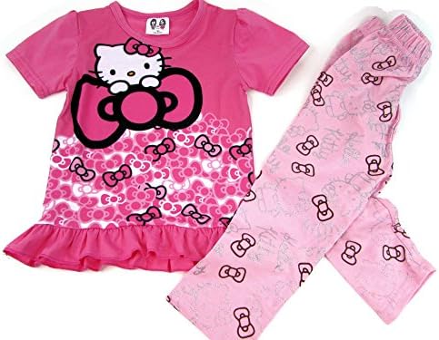 Girls Hello Kitty Pink Bows Ruffle Pajamas 2 Piece Set for Ages 2 to 7 (4Y (100))
