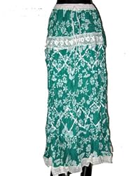 Bollywood White Floral Printed Teal Crinkle Cotton Skirt