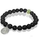 Lava Rock Stretch Bracelet with Religious Charm & Green Rhinestone Bead Accent