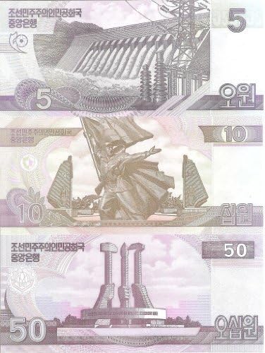 North Korea Uncirculated Currency Collection 5 Won 10 Won 50 Won 2002 Banknote
