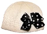 A Girl Company White Crochet Beanie Hat with Black Polka Dot Hair Bow for Newborn