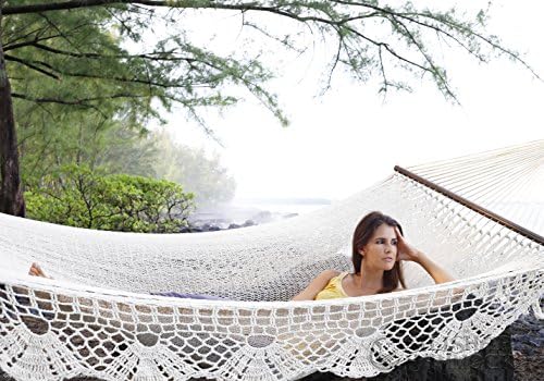 Handmade Deluxe Cotton Hammock With Fringe XL by Mayan Artisans - Fair Trade Item - Mexican Americana Style - Soft And Most Comfortable - Double Size Natural White 770 lbs Max by SilishapeHammocks